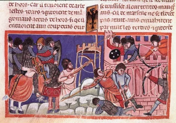 Belägring av en befäst stad. Miniatyr från en kodex om Jules Cesars fakta (101 f.Kr.-44 f.Kr.) 1300-talets Venedig, Biblioteca marciana