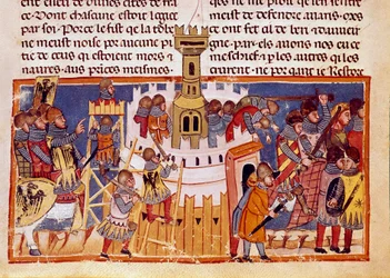 Belägring av en befäst stad Miniatyr hämtad från "The Facts of the Romans"" som berättar om de tolv Cesars liv. 1200-talets Venedig, biblioteca Marciana