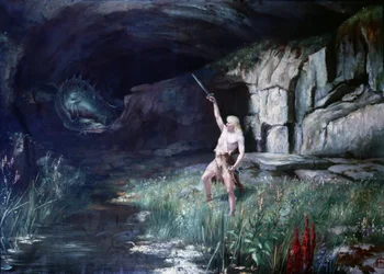 Siegfried, vänd mot draken Fafner, viftade med sitt svärd. Operascen "" Ring of the Nibelungen"" av Richard Wagner (1813 - 1883). Målning.