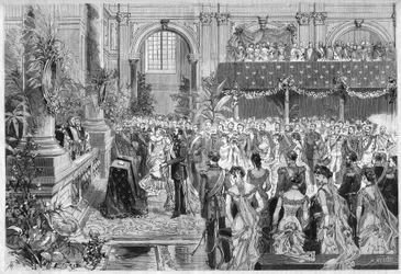 Silverbröllop av kungen och drottningen av Sverige och Norge, Oscar II (1829-1907) och Sophie de Nassau (1836-1913), 6 juni 1882. Gravyr i "" The Illustrous World"" n¡1316 av 17 juni 1882.