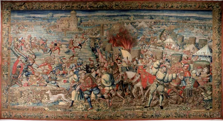 Sjätte italienska kriget (1521-1526): framställning av slaget vid Pavia den 24/02/1525, där Frans I besegrades av Karl V. Gobeläng. Neapel, Museo Nazionale di Capodimonte.