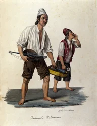 Liten metier av gatan: säljare av vandrande fisk. Siciliens gravyr från 1800-talet