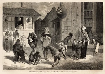 Små saltbanker som framför akrobatiska nummer i musik på gatorna i Yedo (eller Edo, den kejserliga huvudstaden, dagens Tokyo). Gravyr för att illustrera resan till Japan, 1863-1864, av Aime Humbert, minister för Schweiziska edsförbundet, i "" Le tour du m