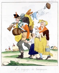 Engelsk soldat från kampanjerna mot Napoleon generad av sin fru och barn - i "" Musée de la caricature"" av E. Jaime, red. Delloye, Paris