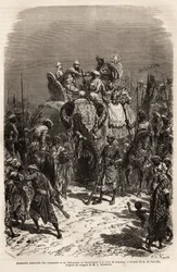 Högtidligt möte och handhållen på ryggen av en elefant, mellan laget av resenärer och Maharajah of Chutterpore, på mässan i Kajraha. Gravyr för att illustrera Rajahernas resa i Indien, av Louis Rousselet, 1864-1868, publicerad i "" Le