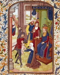 Salomos dom Två kvinnor låtsas vara mor till samma barn. Miniatyr från ett manuskript från 1400-talets Coimbra-bibliotek vid universitetet