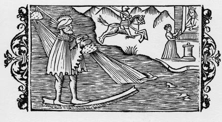 Trollkarl som korsar havet med hjälp av ett lotteri - i "History of the Northern Nations" av Olaus Magnus, Rom 1555
