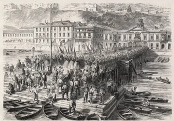 Sydamerikanska Hispano-kriget mellan Chile och Spanien, september 1865: damerna från Valparaiso, i närvaro av den spanska skvadronen som blockerar hamnen, sjunger patriotiska psalmer - gravyr i "" The Illustrous World"