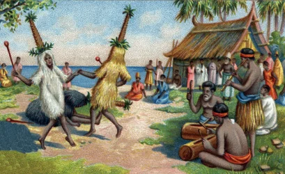 Dansare från en ö i södra Stilla havet: de bär kläder av fjädrar från kolibrier, kakaduor och paradisfåglar vid religiösa ceremonier. Kromolitografi från 1800-talet
