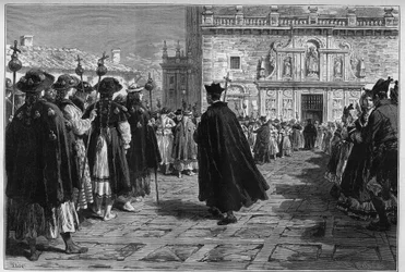 Spanien 1880: festerna i Santiago de Compostela (Santiago de Compostela), processionen av pelerinerna vid ingången till basilikan.