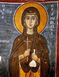 St Anastasia, helare av hästar med flaska med läkemedel och kors, Bysantinska kyrkan Our Lady of Asinou (1100-talet) (Unescos världsarvslista, 2001), Troodosbergen, Cypern, Detalj