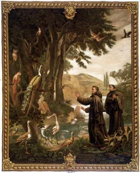 St Francis av Assisi pratar med fåglar - 1800-talskromo som återger en 1700-talsmålning.