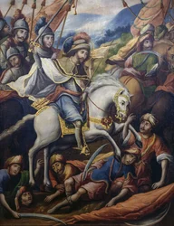Sankt Jakob till häst dödar morer, detalj ur Paravento della conquista (Erövringens skärm), av en okänd konstnär från 1600-talet, 213x550 cm, Mexiko