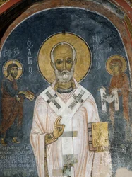St Nicholas of Myra, fresk (1100-talet), Ayios Nikolaos tis Steyis-kyrkan (Sankt Nikolaus av taket) (1000-talet) (Unescos världsarvslista, 2001), Troodosbergen, Cypern