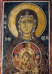 St Paraskevi, personifiering av långfredagen med ikonen för Kristus av den högsta ödmjukheten, fresk (1332-1333), Den bysantinska kyrkan Our Lady of Asinou (1100-talet) (Unescos världsarvslista, 2001) Troodosbergen, Cypern