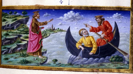 St Peter: Fiske på Tiberiasjön. Miniatyr av 1400-talet. Milano, Biblioteca Trivulziana.