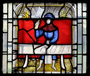 Fönster i målat glas som visar en slaktare i arbete, slutet av 1400-talet - början av 1500-talet - Kapellet Sainte Claude (Sainte-Claude) i kyrkan Collegiale Notre-Dame de Semur-en-Auxois (Notre Dame de Semur en Auxois), Bourgogne