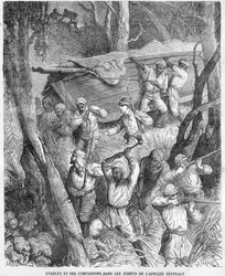 Stanley i Afrika - Stanleys expedition till Centralafrika 1874-1877: Marschera genom djungeln - Träsnitt efter teckning av Horace Castelli (1825-1889).