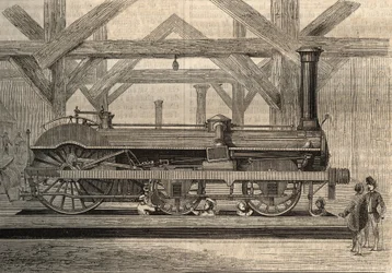 Ångloksmodell, Crampton-system vid namn Thomas Russell Crampton (1816-1888). Gravyr från 1856.