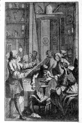 Stephen Grays experiment (1670 - 1736) på människokroppens elektriska ledningsförmåga. Gravyr av 1800-talet.