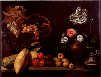 Stilleben med rosor, buskblommor, citroner och vindruvor (målning