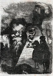 Kamp mellan Roland och Rodomont - gravyr från 1851 från "" Furious Roland"" (Orlando furioso) (1500-talet) av Ludovico Ariosto, känd som Ariosta - Edition översatt från italienska av greven av Tressan och publicerad av Gustave Harvard 1851