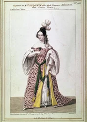 Fröken Juliette Drouets kostym för rollen som prinsessan Negroni i Victor Hugos "Lucrezia Borgia". Gravyr från 1800-talet