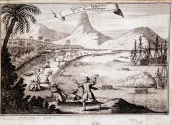 Indianernas överraskning vid landstigningen av Christopher Columbus i Guadeloupe (karaveller) - gravyr