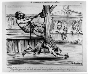 Simning är en nyttig och hälsosam övning: en humoristisk övning om att lära sig simning - Musee Carnavalet, sd, ca 1850