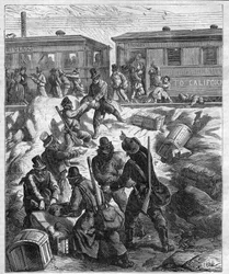 ATTACKET AV FAR WEST TRÅGET - Pacific Railway - tåg attackerat av briganders mask - gravyr av 1887