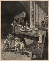 Bordskonst: skär mat innan gaffeln kommer. En man håller köttet med ett pappersark i ena handen och använder sin kniv i den andra. Gravyr från 1885 i "" Les arts et metiers illustres"" av Adolphe BITARD.