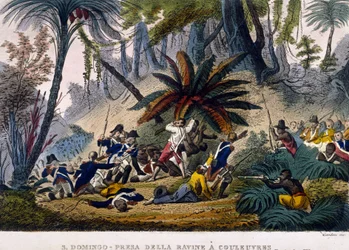 Tagen de la Ravine at Works den 23/02/1802. Leclerc-expeditionen, som omger trupperna av Francois Dominique Toussaint, känd som "Toussaint-Louverture" (Toussaint Louverture)