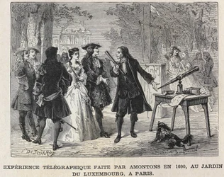 Telegrafiskt experiment gjort av Guillaume Amontons 1690, vid Luxembourgträdgården, Paris, gravyr från 1800-talet. Bianchetti samling