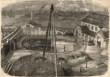 Telegrafi: Den transatlantiska kabeln som tillverkas vid glasfabriken, Elliot and Company i East Greenwich (England) är redo att levereras. Gravyr i "" The Illustrated London News"" av 14 mars