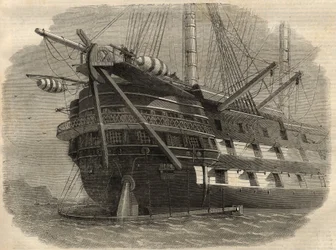 Telegrafi: utsikt över aktern på fartyget H.M.S. "Agamemnon"" som kommer att lägga den första transatlantiska kabeln. Gravyr i "" The Illustrated London News"" av 5 juni