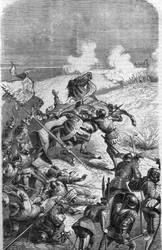 Den 75-årige veteranen John Talot omsattes för att leda en expedition på 3000 man, som barkerade i Guyenne den 17 oktober 1452. Gravyr som representerar Talbots död i strid. Gravyr av 1800-talet.