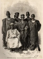 Den afrikanska eskorten av Mage, löjtnant-on-the-ship, skickade på ett uppdrag till Niger. Gravyr för att illustrera historien om löjtnant Mages resa i västra Sudan mellan 1863 och 1866, publicerad i "Le tour du monde, nouveau journal des voyages", rediger