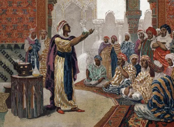 Den arabiske alkemisten Geber (Jâbir ibn Hayyan) (v721-v815), enching kemi. Barcelona 1881