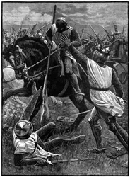 Slaget vid Evesham, 4 augusti 1265. (c1800). Evesham markerade slutet på det andra baronkriget. Royalistiska styrkor ledda av prins Edward (Edward I) besegrade Simon de Montfort (c1208-1265) som dödades i slaget. Här Henrik III (1207-1272) som hade varit M
