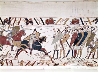 Slaget vid Hastings, vunnet av Vilhelm I Erövraren (1027 - 1087) den 14/10/1066 och under vilken kung Harold II av England dog (1022 - 1066). Bayeux gobeläng, känd som Broderi av drottning Mathilde