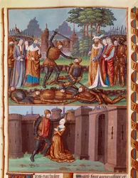 Slaget om Horaces och Curiacians De tre Horaces i Rom möter de tre Kuriacerna. Olika stridsscener. Horace, en av de tre Horace-bröderna (de tre Horaces), romare designade att möta de tre Curiaces, från staden Alba på 700-talet