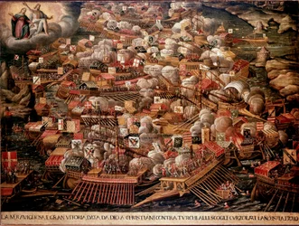 Slaget vid Lepante utanför Greklands kust motsatte sig en spansk, venetiansk och påvestyrka till ottomanerna 1571. Anonym målning. 1500-talet. Venedig Museo Correr