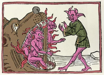 Belialprocessen: ”Demonen Belial återvänder till ingången till underjorden”; gravyr ur ”Belialprocessen” av Jacobus de Teramo (eller Palladino), Augsburg
