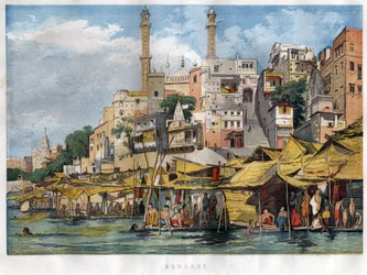 Benares ghat i Indien (dagens Vanarasi) (ghat som betecknar stegen som täcker flodernas stränder och stränderna av bassängerna och reservoarerna som gör det möjligt att sjunka ner i kontakt med vatten). Gravyr från 1857.