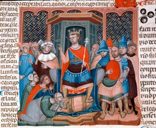Bysans kejsar Justinianus I (482-565) omger jurister och soldater vid hans miniatyrdomstol hämtad från Justinianus koden (Codex Justinianus), en samling lagar och institutioner publicerade under den romerske kejsaren Justinian I av Bysans (483-565)