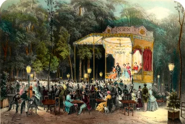 Cafe des Ambassadeurs vid Champs Elysees Gravyr från 1853 Privat samling