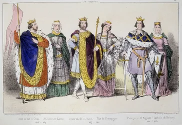 Kapeterna. Från vänster till höger: Ludvig VI säger Gros (1081 - 1137), Adelaide eller Alix av Savojen (? -1154), Ludvig VII säger den yngre (1120 - 1180), Alix av Champagne (1140-1206), Filip II säger Augustus (1165-1223) och Isabella av Hainaut (1170-119