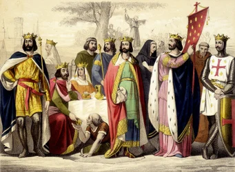 Kapeterna från 987 till 1137. Hugues Capet, Robert 1er Constance, Philippe 1er, Louis VI och Louis VII. Gravyr av 1800-talet.