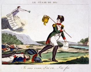 Caesar år 1815 - Jag kom, jag såg... jag sprang bort. Karikatyr om Napoleon I som flyr från slagfältet där de döda franska soldaterna ligger utspridda. Gravyr 1815 - Napoleon Bonaparte (15 augusti 1769 - 5 maj 1821) var en fransk militär och politisk