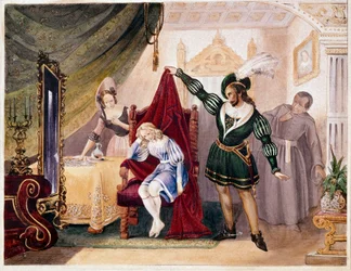 Greven gjorde framsteg till Suzanne medan Cherubin var gömd på stolen, från Figaros bröllop av Mozart (gravyr)